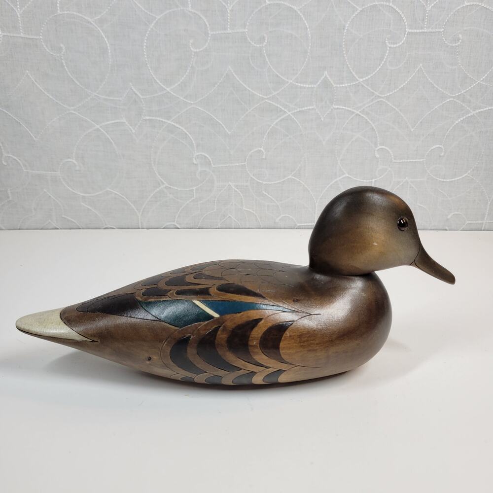 VINTAGE Blue Winged Teal Hen Duck Decoy Wooden Art Deco Hand Carved Signed 1997